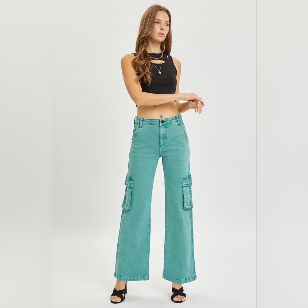Stylish Teal Wide Leg Cargo Jeans - Picture 4 of 7